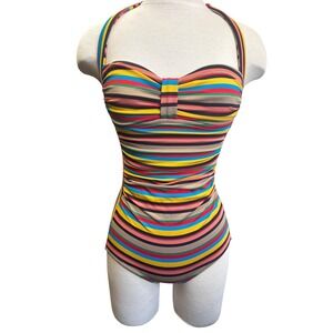 Pez D'Or Barcelona Multicolor‎ Striped Halter Ruched One Piece Swimsuit Retro S